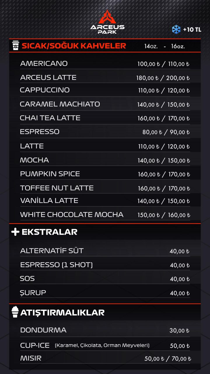Kahve çeşitleri, sıcak ve soğuk içecek fiyatları – Arceus Park Antalya kafeterya menüsü