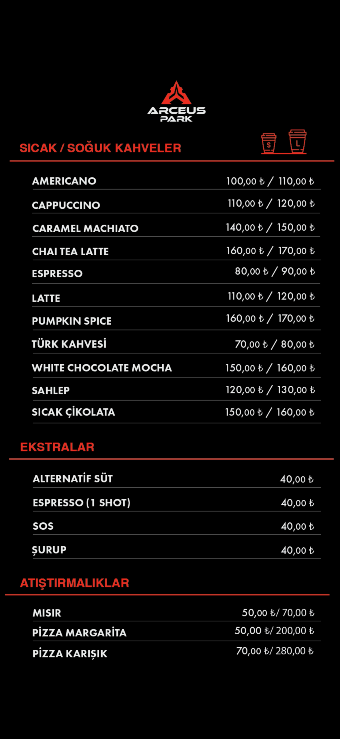 Kahve çeşitleri, sıcak ve soğuk içecek fiyatları – Arceus Park Antalya kafeterya menüsü